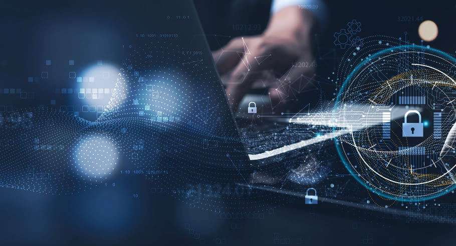 Person using a laptop with superimposed high-tech imagery